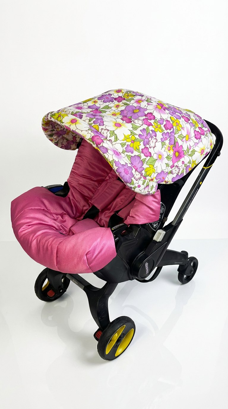 Stroller with floral canopy and pink cover on a white background