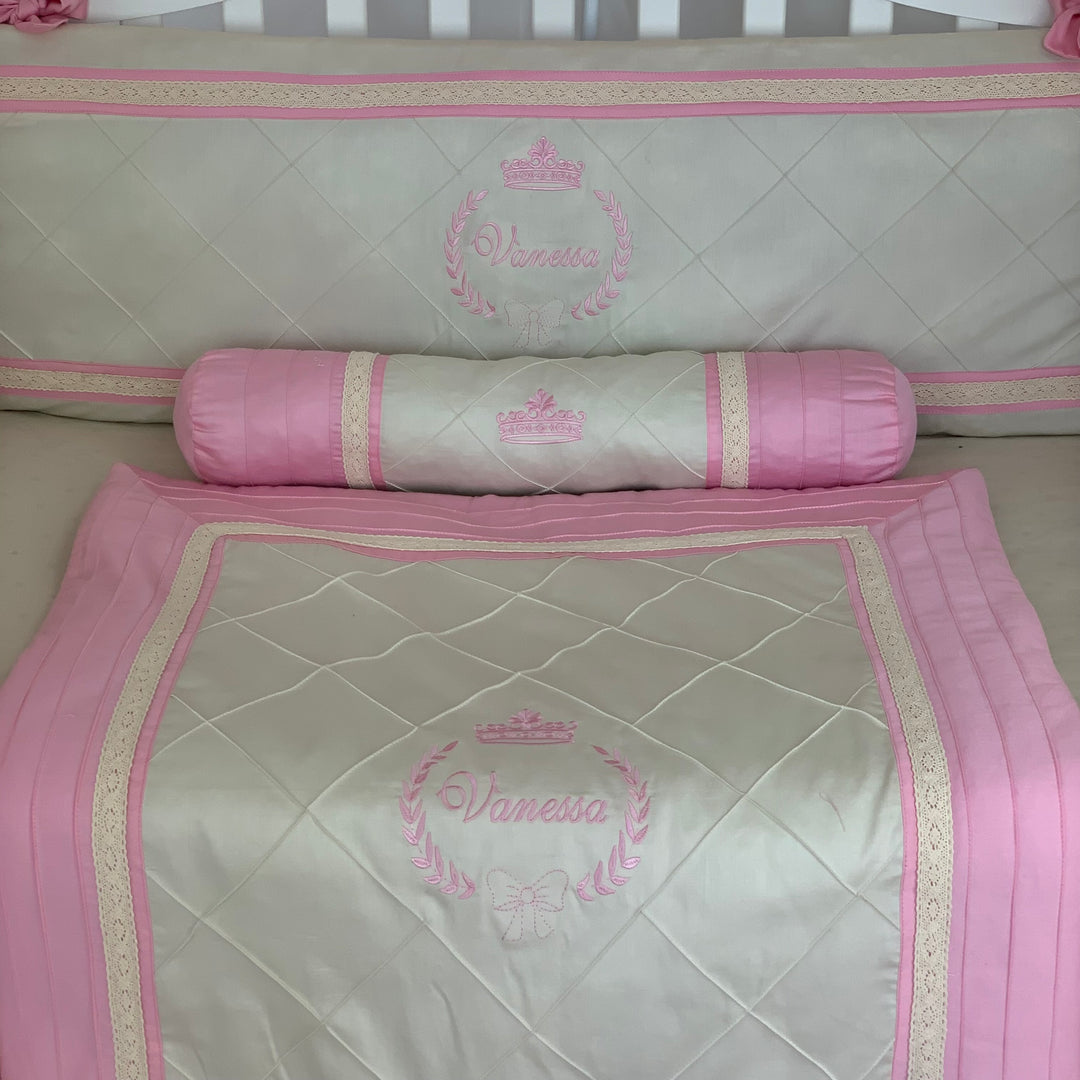 Baby girl canopy cribs set with flowing white lace and pink ribbons