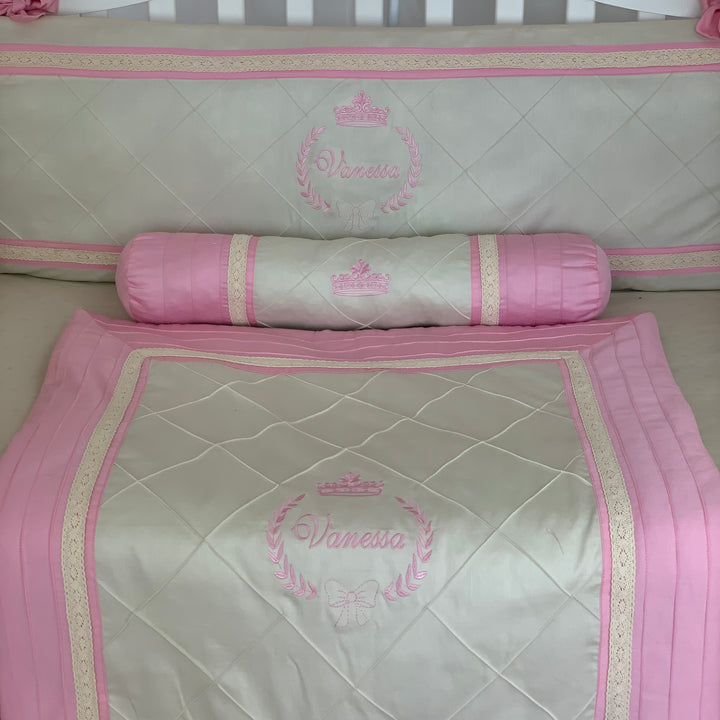 Baby girl canopy cribs set with flowing white lace and pink ribbons