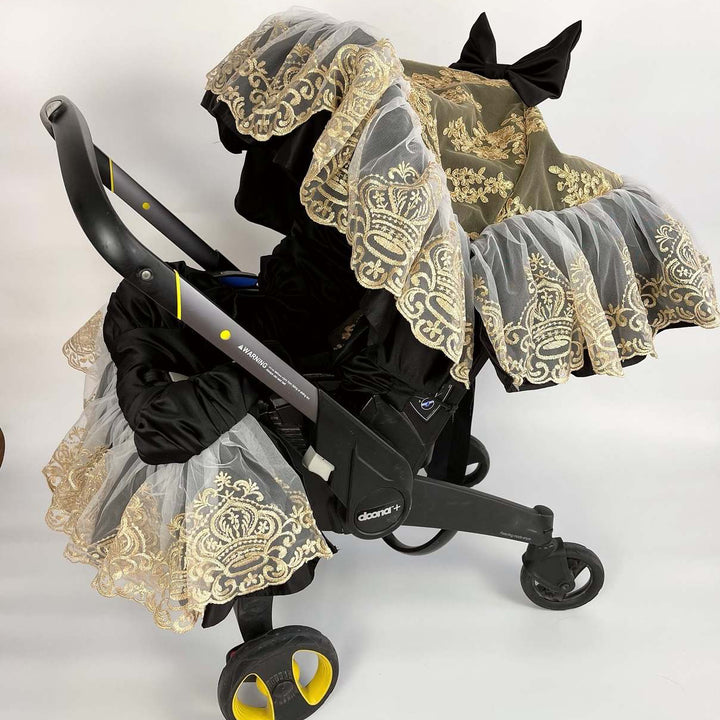 Black Car Seat & Stroller Cover with Gold Lace Canopy