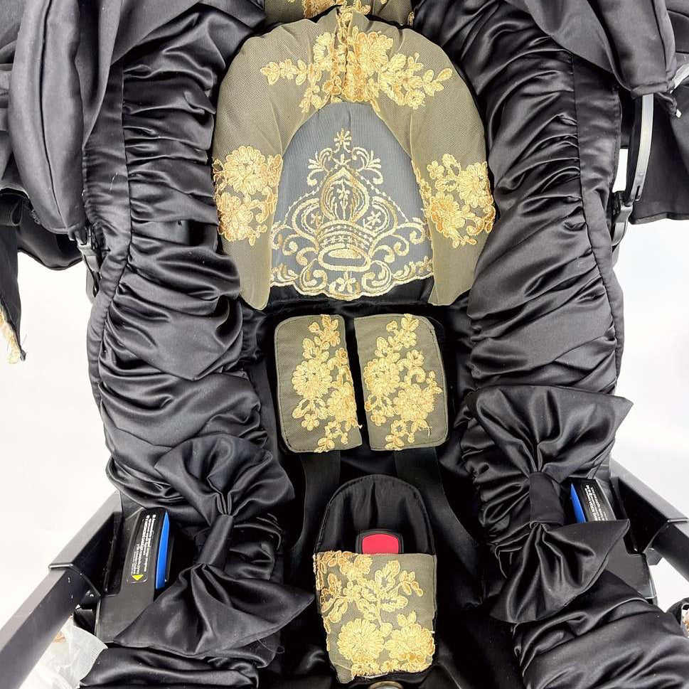 Black Car Seat & Stroller Cover with Gold Lace Canopy