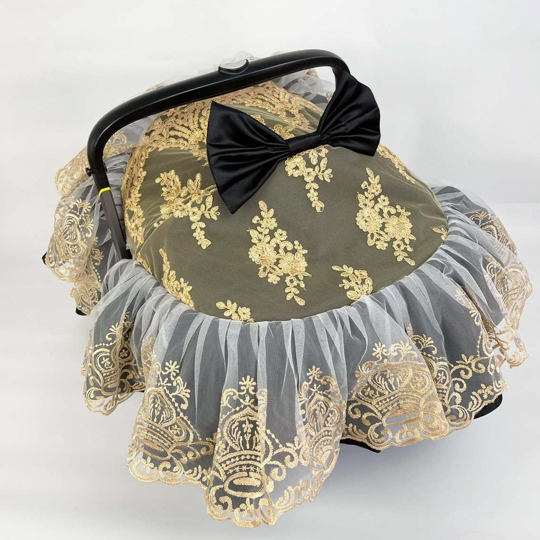 Black Car Seat & Stroller Cover with Gold Lace Canopy