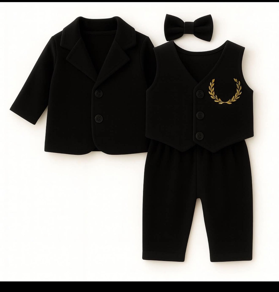A baby boy's formal outfit set in black, featuring a long-sleeve blazer, a sleeveless vest with a gold laurel wreath embroidery, matching pants, a bow tie, and a small headband, laid out on a white background.
