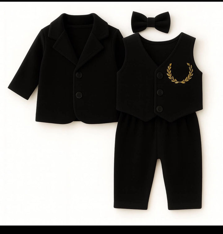 A baby boy's formal outfit set in black, featuring a long-sleeve blazer, a sleeveless vest with a gold laurel wreath embroidery, matching pants, a bow tie, and a small headband, laid out on a white background.
