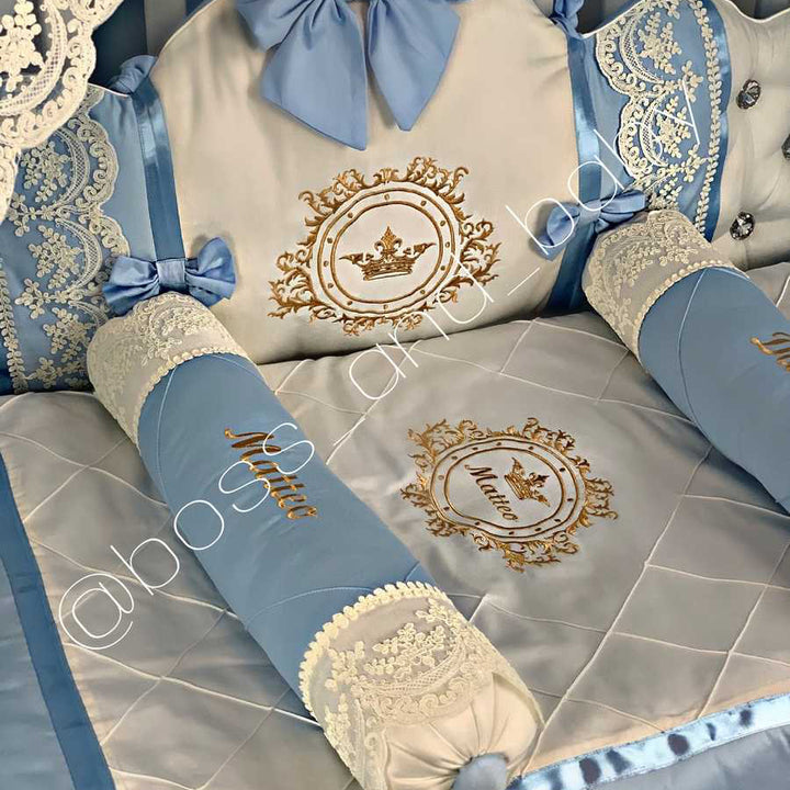 Blue & White Satin Baby Boy Bedding with Lace & Rhinestones