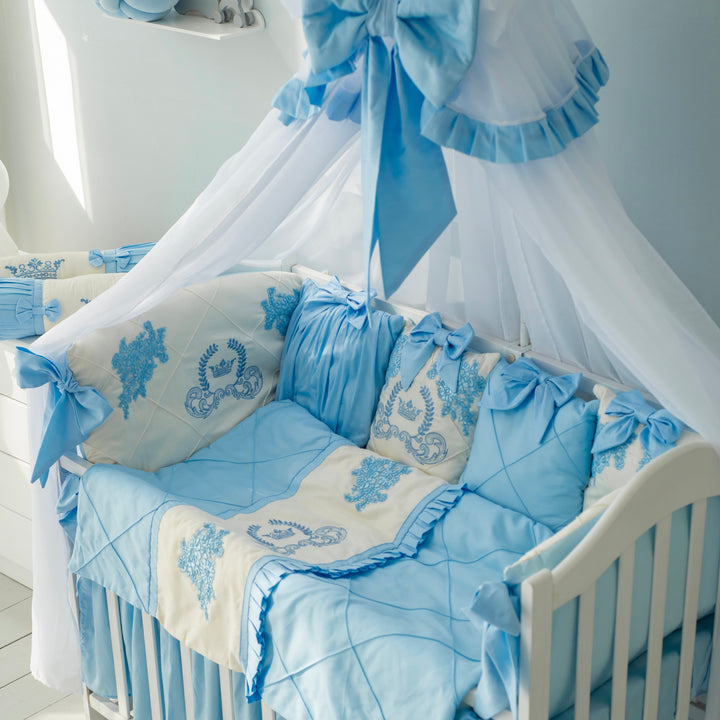 Luxury Light Blue Baby Crib Bedding Set with Embroidery