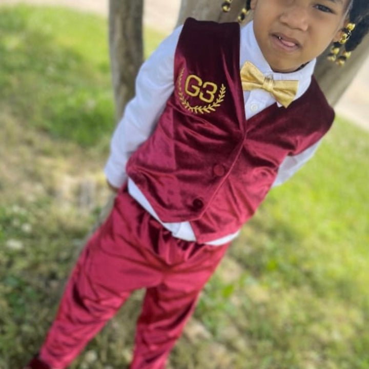Personalized Burgundy Velvet Baby Boy Suit with Bow Tie