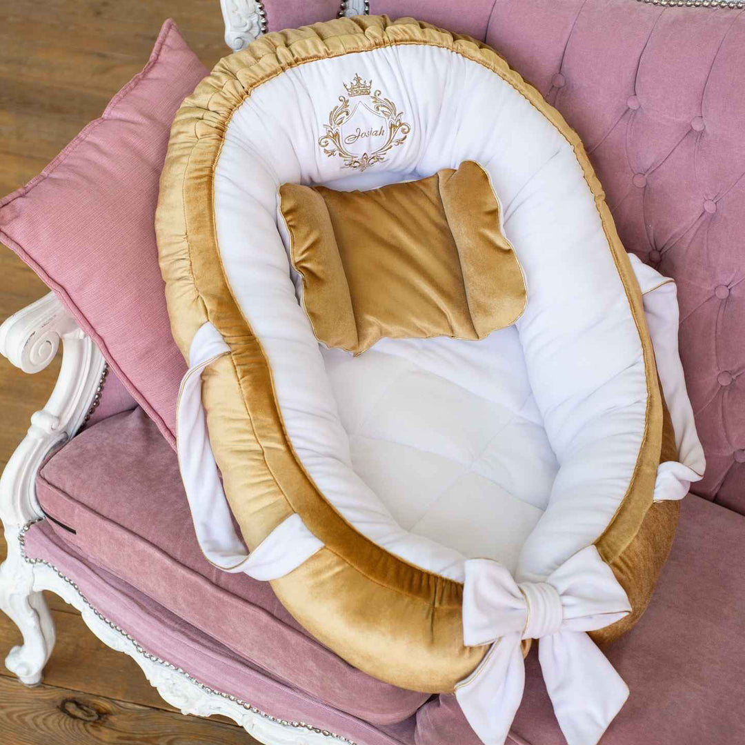 Custom Baby Nest Co-Sleeper – Neutral Gold & White Bedding
