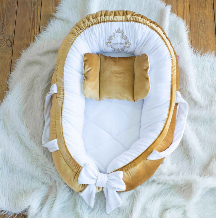 Custom Baby Nest Co-Sleeper – Neutral Gold & White Bedding
