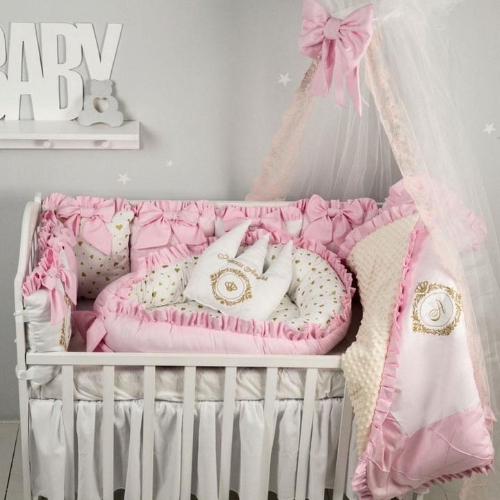 Custom name embroidery ivory cream baby bedding detail