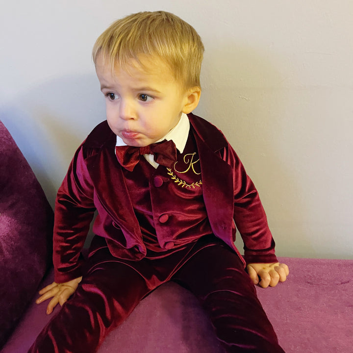 Personalized Burgundy Velvet Baby Boy Suit with Bow Tie