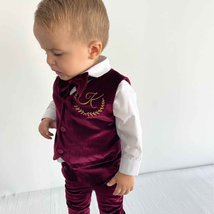 Personalized Burgundy Velvet Baby Boy Suit with Bow Tie