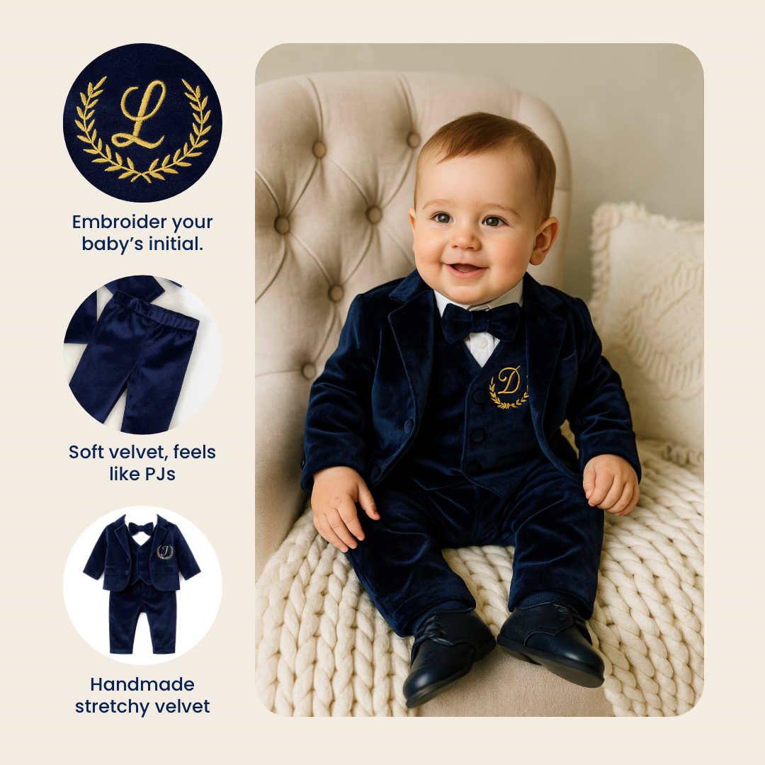 Navy Blue Velvet Baby Boy Suit – Personalized Formal Outfit