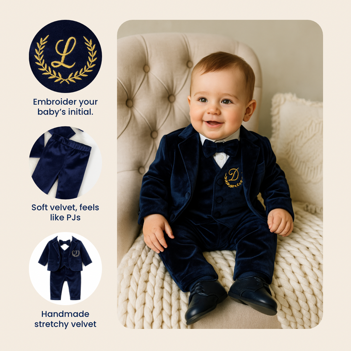 Navy Blue Velvet Baby Boy Suit – Personalized Formal Outfit