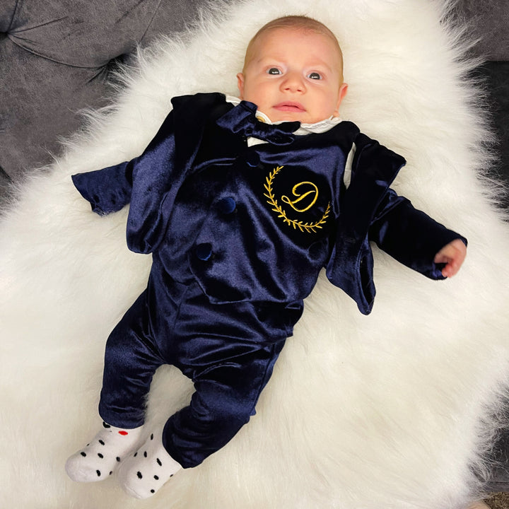 Navy Blue Velvet Baby Boy Suit – Personalized Formal Outfit