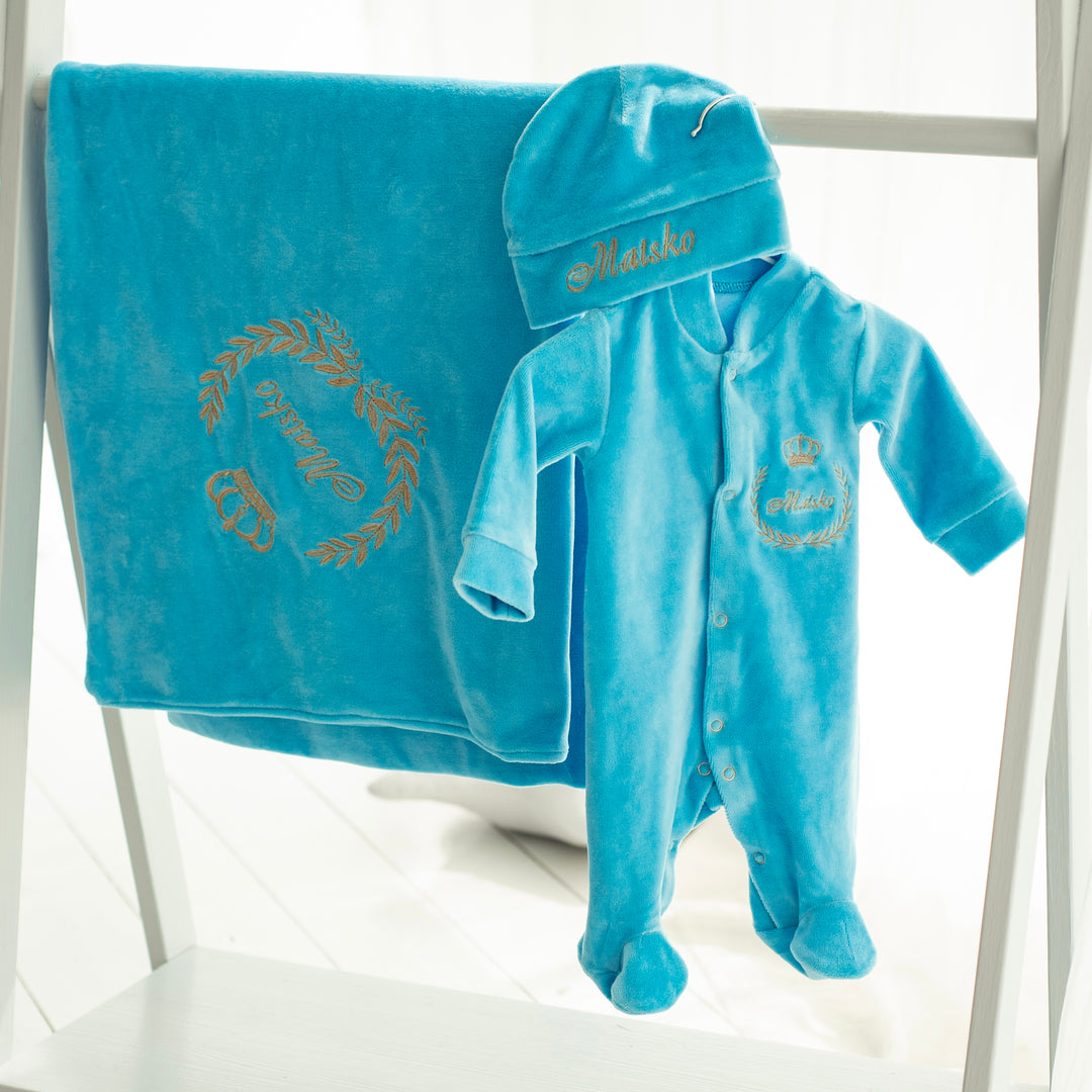 Baby Blue Velvet Coming Home Outfit with Monogram Blanket