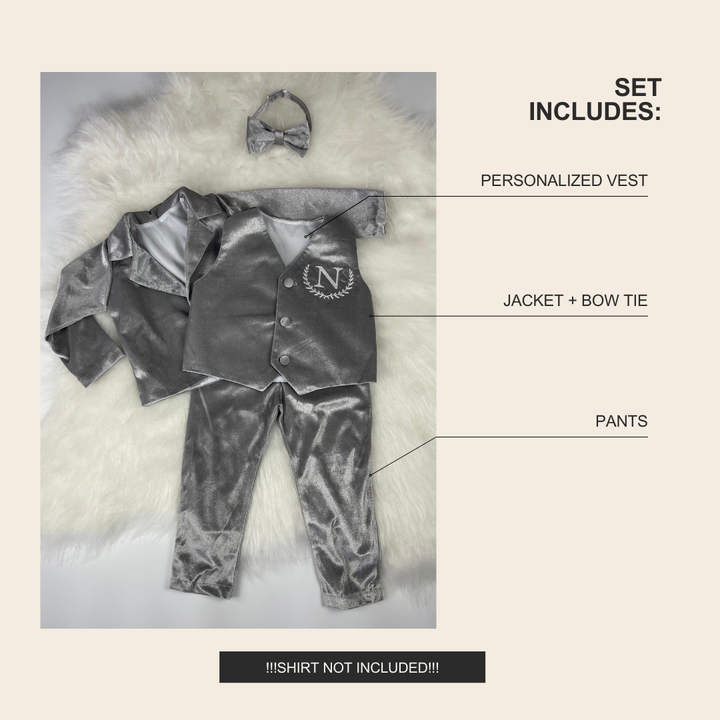 Personalized Baby Boy Suit – Silver Grey Velvet Jacket Set