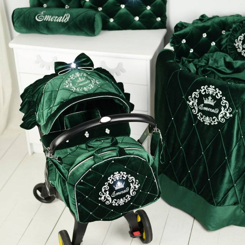 Emerald Green Velvet Infant Car Seat Cover and Accessories with rhinestones 