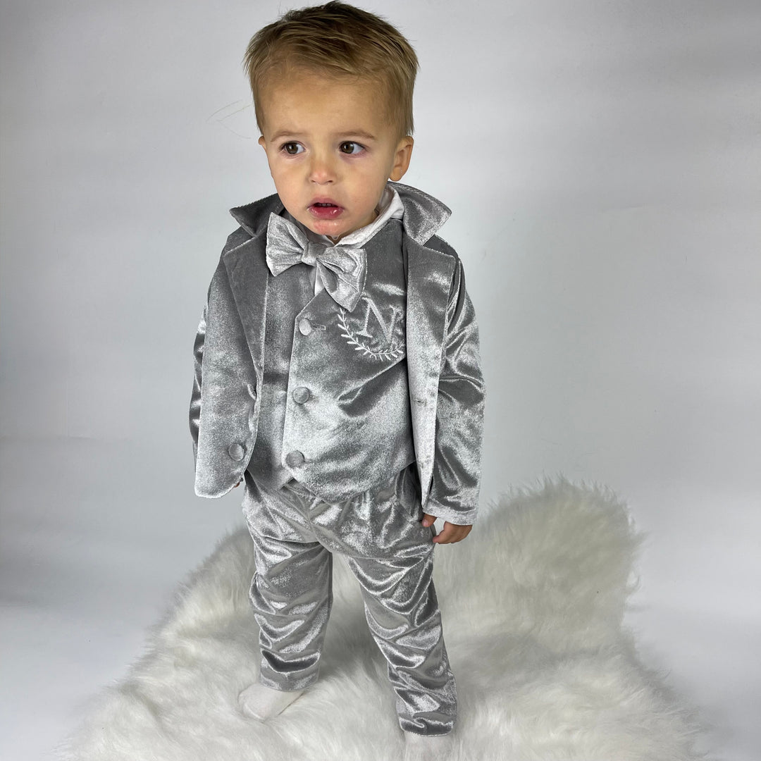 Personalized Baby Boy Suit – Silver Grey Velvet Jacket Set
