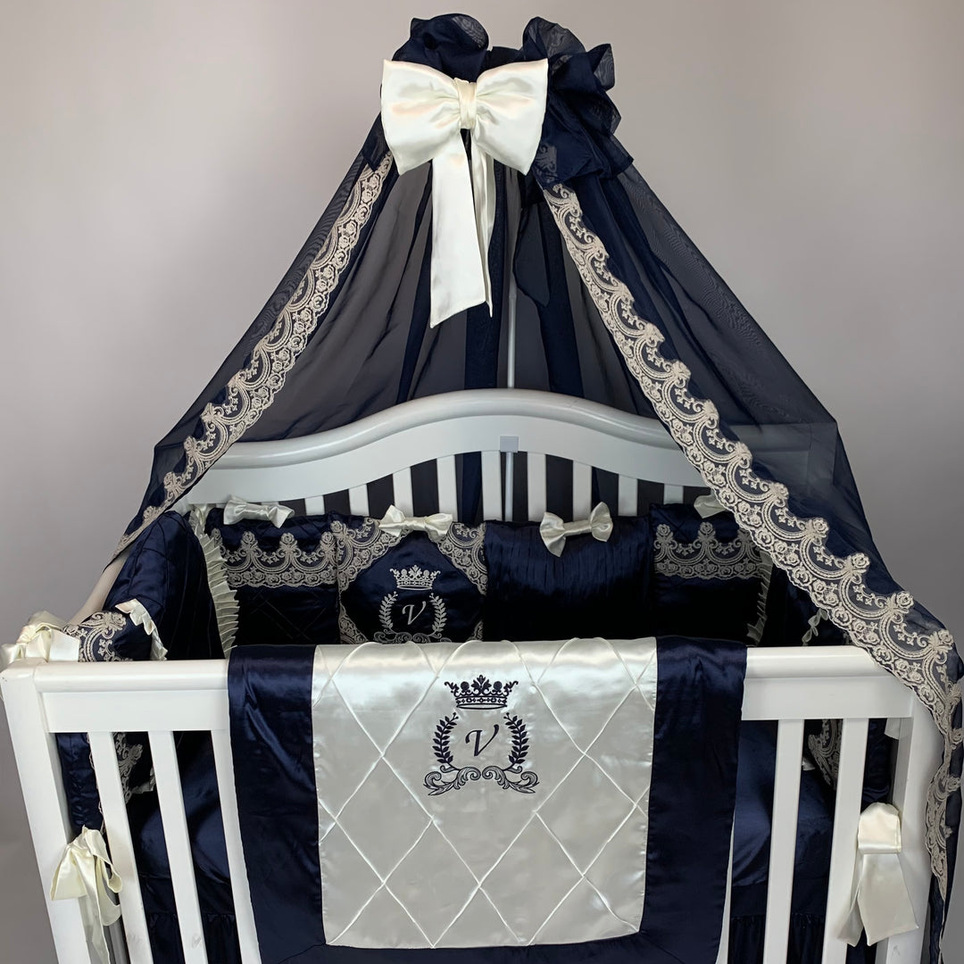 Luxury Royal Blue & Ivory Baby Bedding Set with Canopy