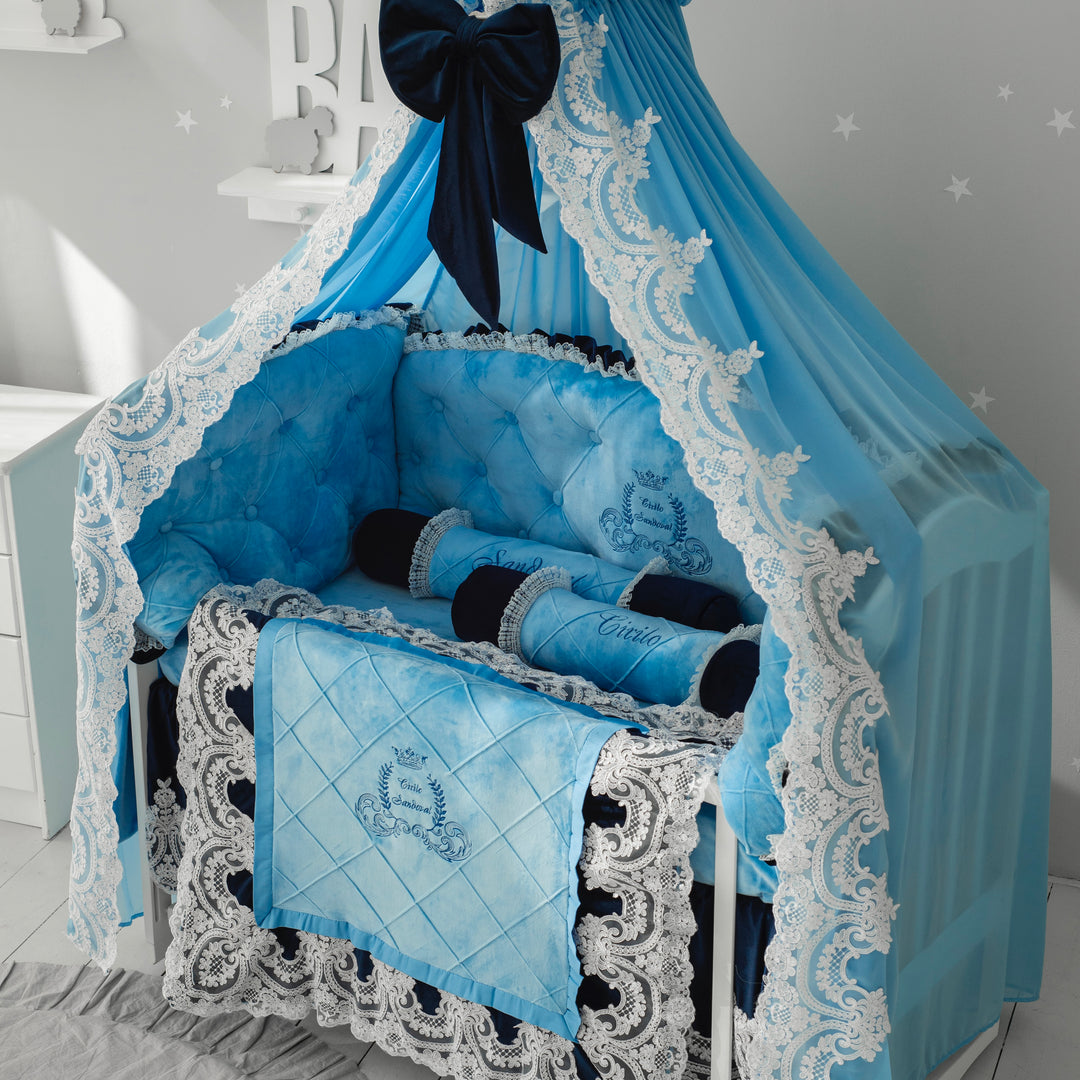 Luxury Sky Blue Baby Boy Bedding Set with Lace Embroidery