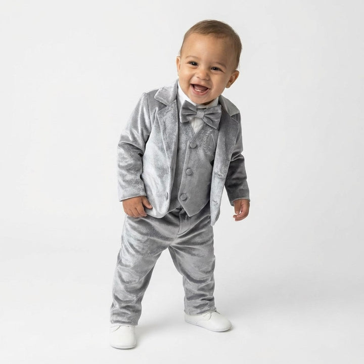 Personalized Baby Boy Suit – Silver Grey Velvet Jacket Set