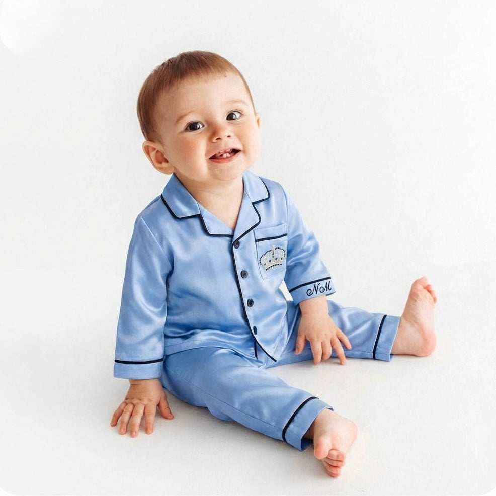 Blue Silk Baby Pajamas – Personalized Newborn PJ Set