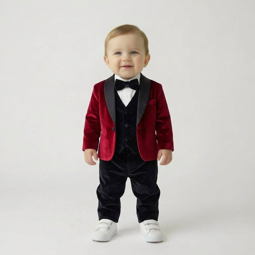 Baby Boy Velvet Tuxedo – Burgundy Jacket with Black Collar