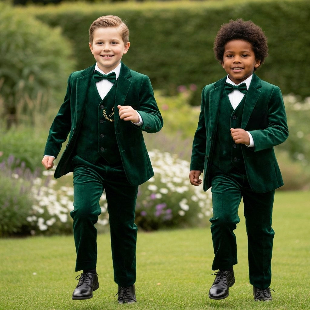Two boys in green suits running outdoors with a blurred background