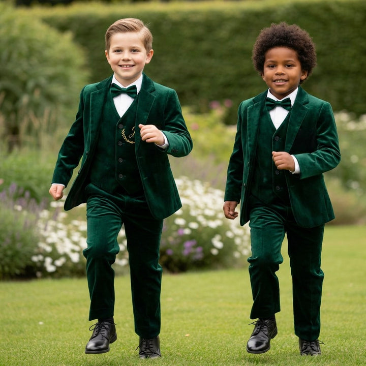 Two boys in green suits running outdoors with a blurred background