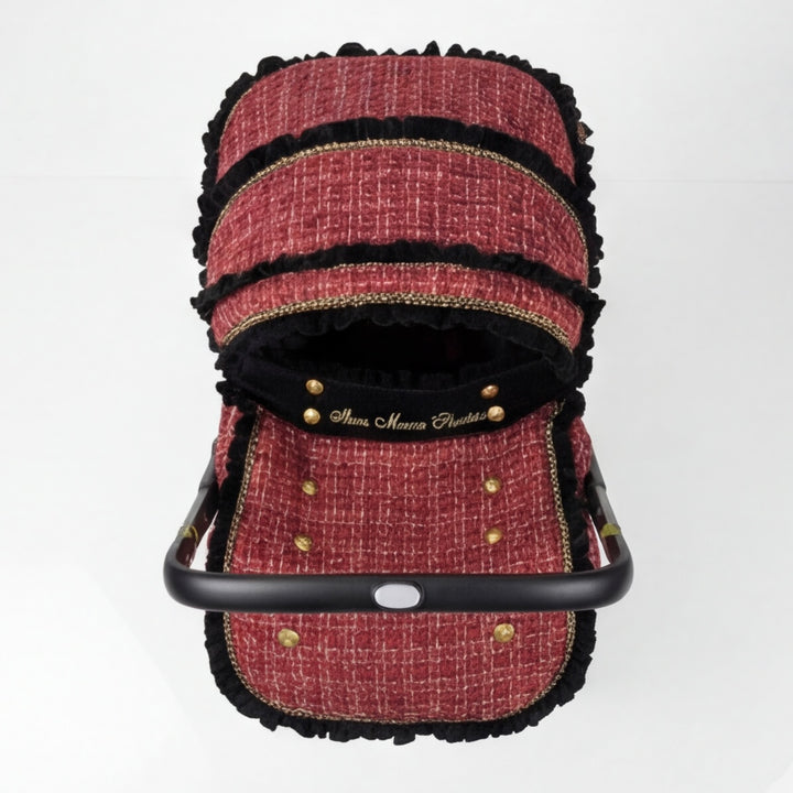 Doona+ red tweed car seat cover set, black ruffle trim, gold buttons, personalized embroidery, front view.
