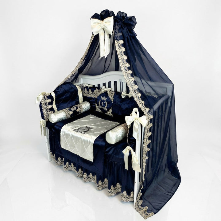 Luxury Royal Blue & Ivory Baby Bedding Set with Canopy