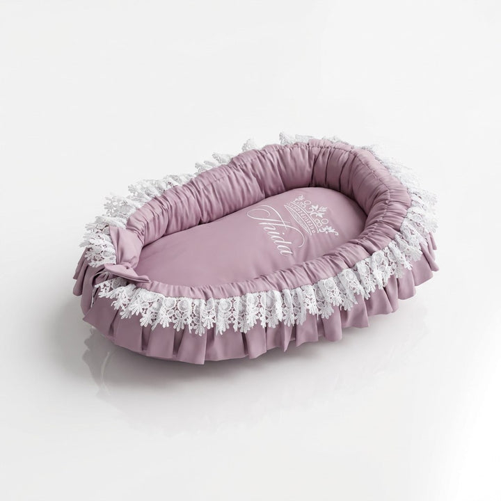 Personalized Blush Pink Baby Nest for Newborn | Cotton Baby Nest | Crown Embroidery with Lace Trim