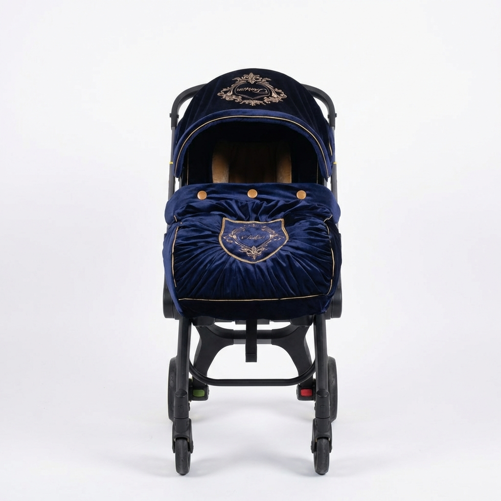 Front view of navy velvet Doona Plus car seat cover set with gold piping, crest embroidery and decorative gold buttons on white studio background.