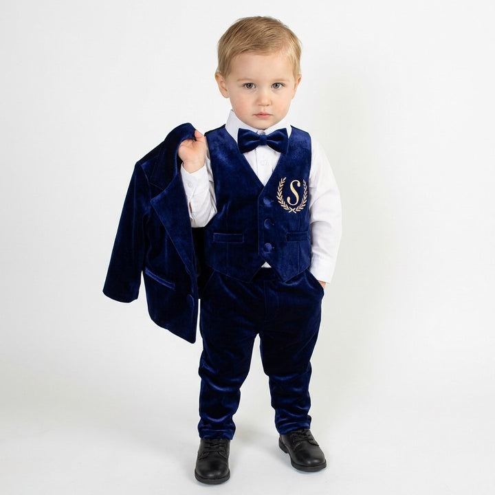 Navy Blue Velvet Baby Boy Suit – Personalized Formal Outfit