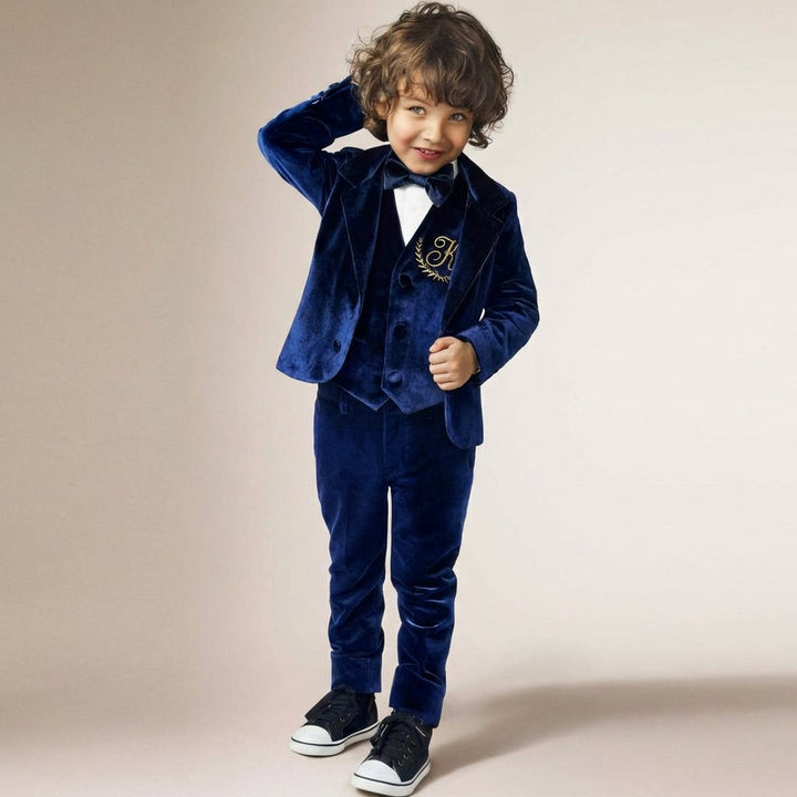 Navy Blue Velvet Baby Boy Suit – Personalized Formal Outfit