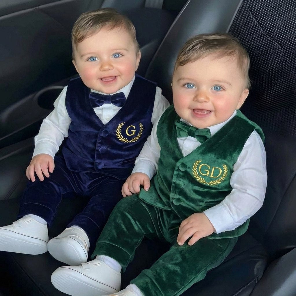 Navy Blue Velvet Baby Boy Suit – Personalized Formal Outfit