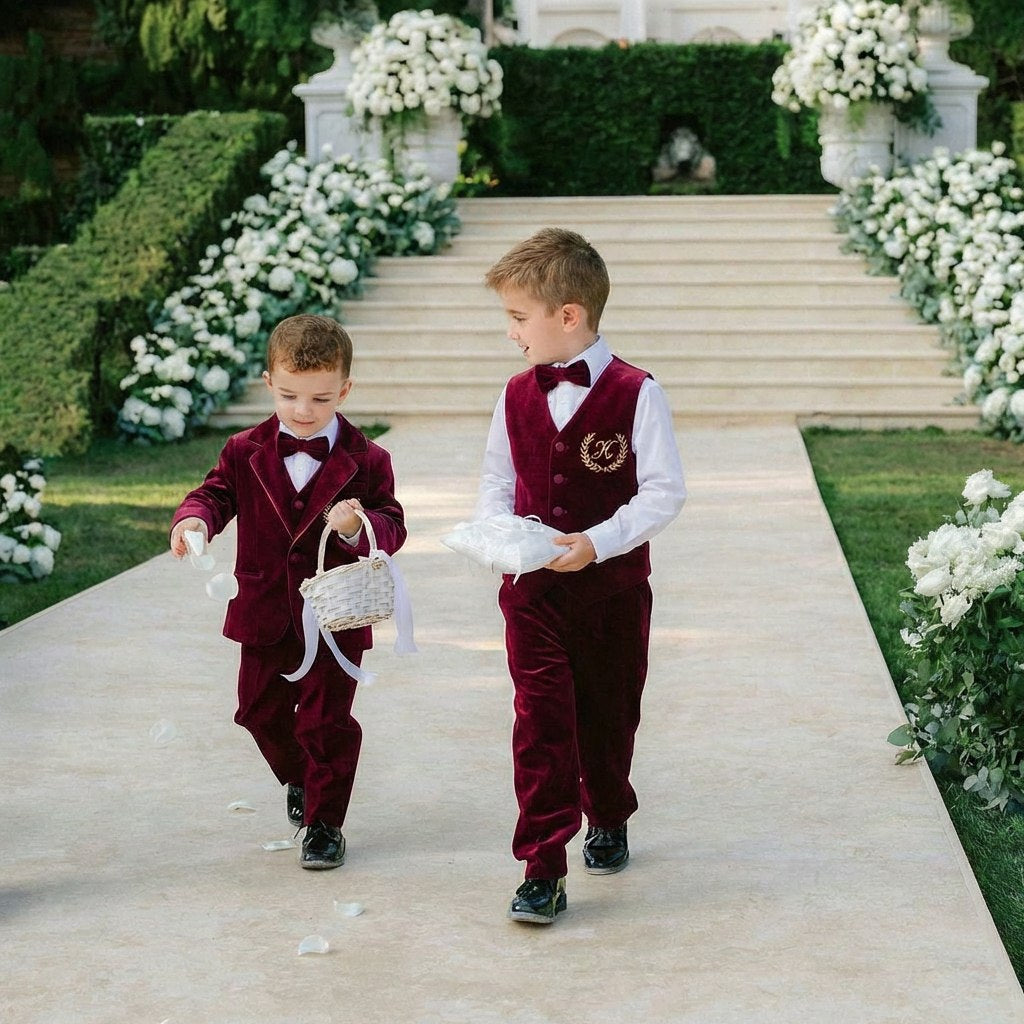 Personalized Burgundy Velvet Baby Boy Suit with Bow Tie