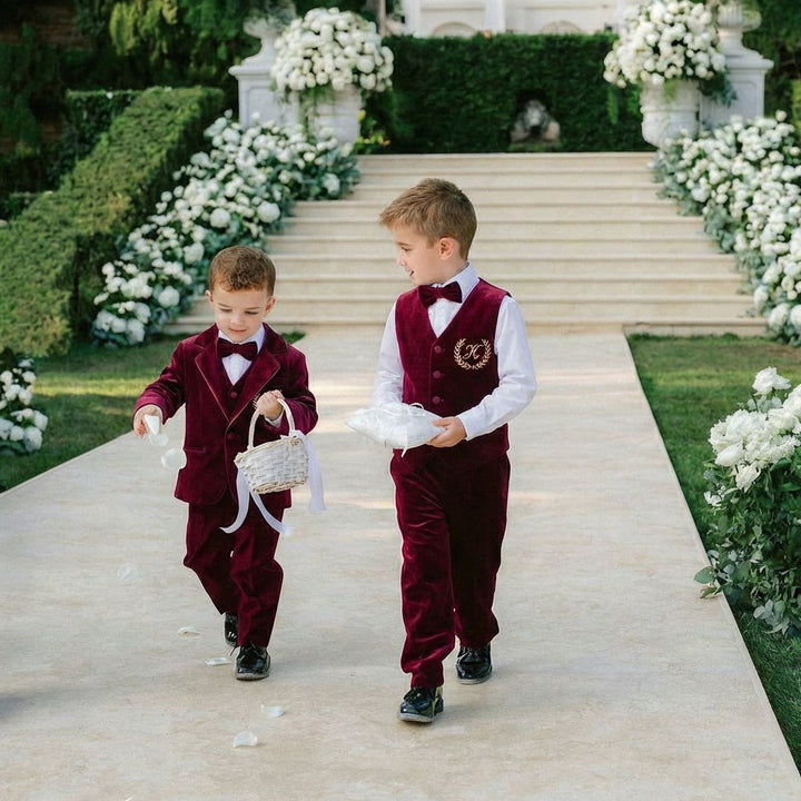 Personalized Burgundy Velvet Baby Boy Suit with Bow Tie