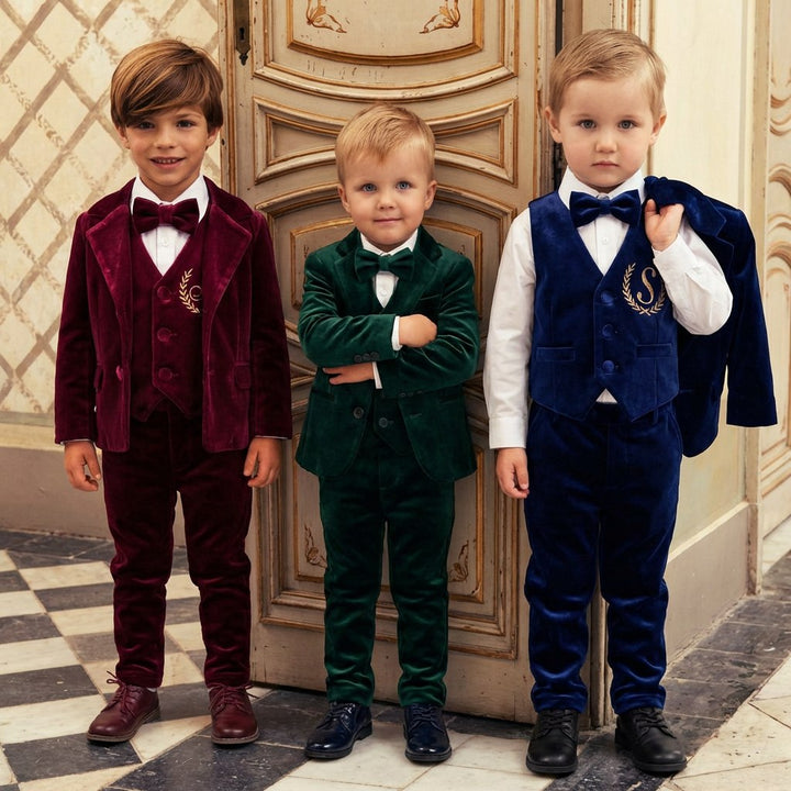 Navy Blue Velvet Baby Boy Suit – Personalized Formal Outfit