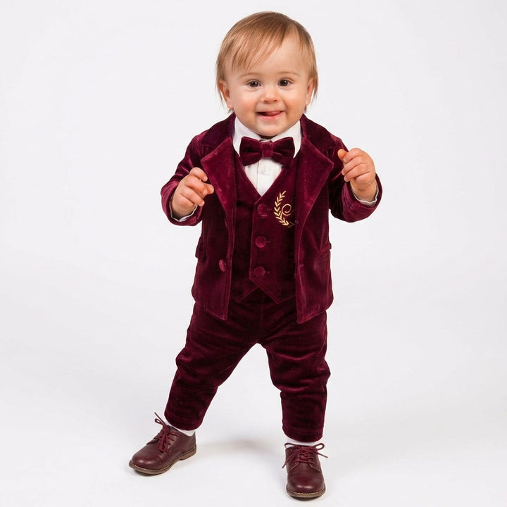 Personalized Burgundy Velvet Baby Boy Suit with Bow Tie