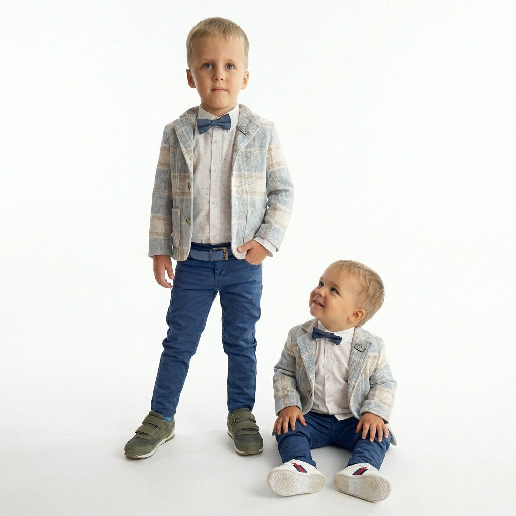 Boys’ Blue Checkered Suit with Navy Pants and Bow Tie