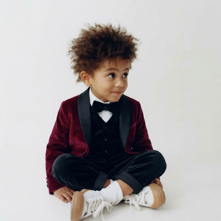 Baby Boy Velvet Tuxedo – Burgundy Jacket with Black Collar