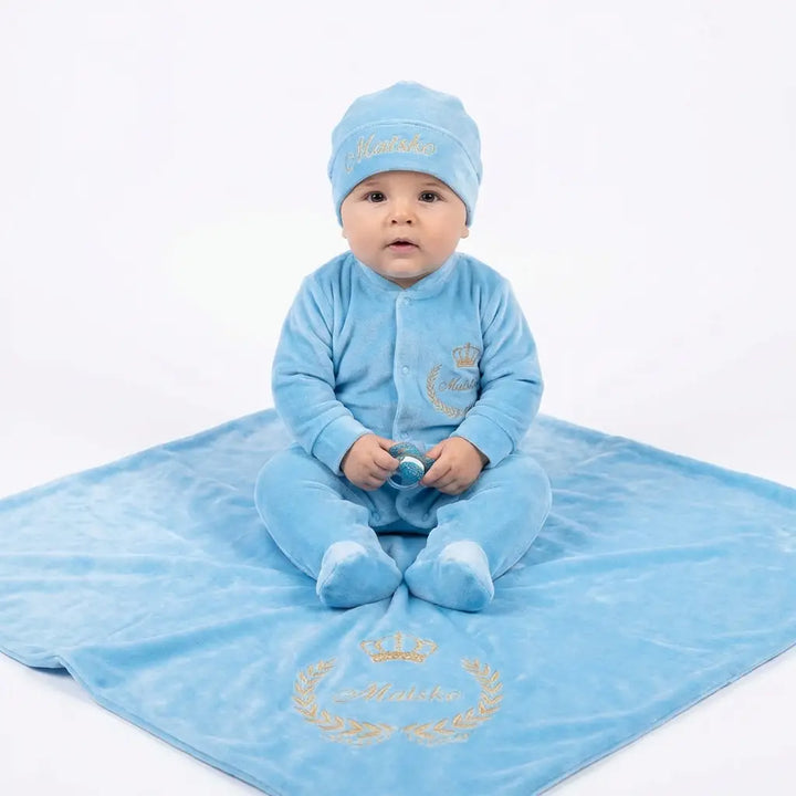 Baby Blue Velvet Coming Home Outfit with Monogram Blanket
