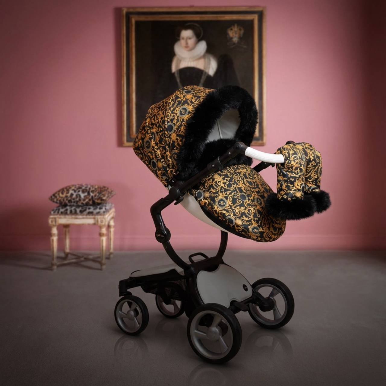 Designer stroller cover set with ornate gold pattern styled in elegant interior scene