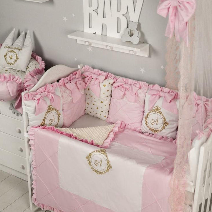 Ivory linen gathered crib skirt with lace ruffles