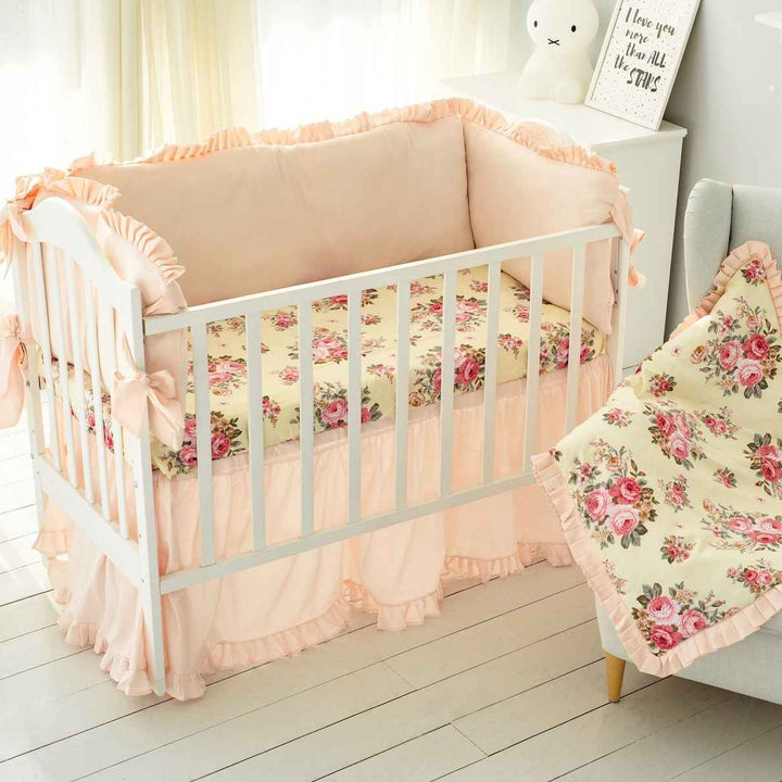 Peach Floral Baby Girl Crib Bedding Set with Skirt