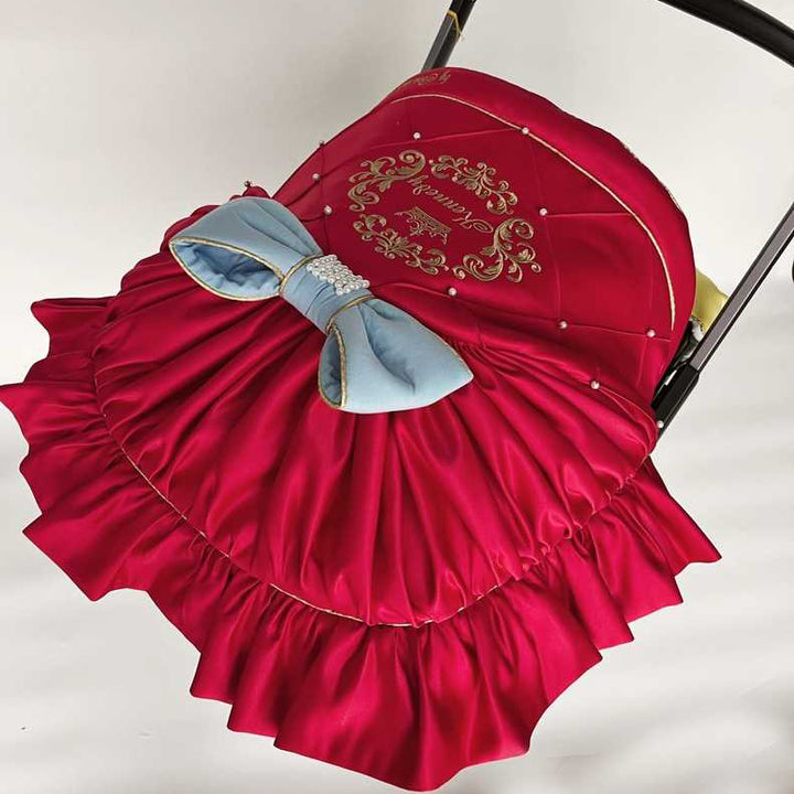 Personalized Baby Girl Car Seat & Stroller Cover Set , blue bow with Perls and red stroller canopy with ruffles 