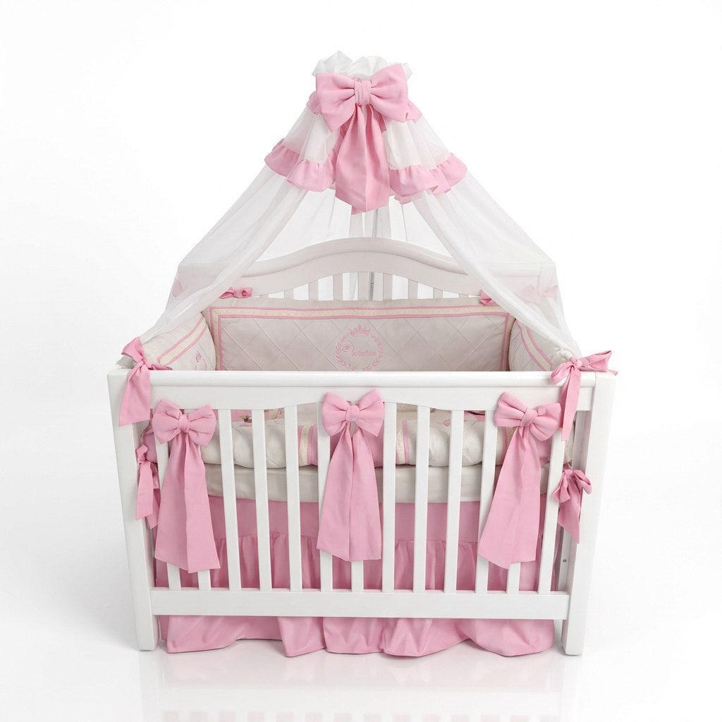Personalized Baby Pink Crib Bedding Set for Girl with custom crown embroidery