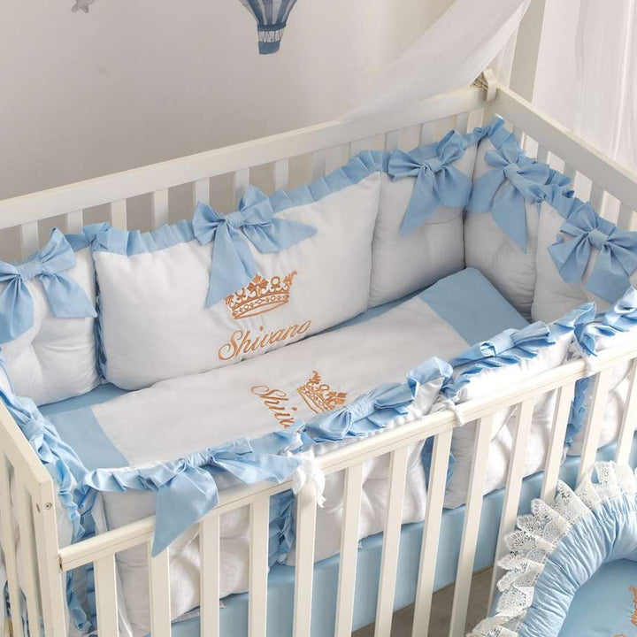Royal Crown Light Blue Crib Bedding & Baby Nest Set with Tulle Canopy for Baby Boy